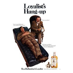 1972 Ballantine's Scotch Loyalist's Hang Up Vintage Print Ad Leather Couch Decor